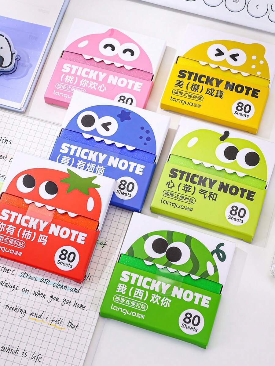 1/6pcs Fruit Sticky Notes – 80 Sheets/Pad Self-Adhesive Cartoon Memo Pads With Pull-Out Dispenser – Pastel Post Memo Notes For Office, School, To-Do List, Journaling & Creative Planning, Back To School Gift, Christmas Gift - Multicolor - View 1