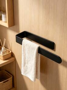 1Pc Practical No‑Drill Towel Bar, Metal Material, Modern Minimalist Style Solid Black Rectangular Shape Dual‑Groove Integrated Storage Slot Detail Multi‑Purpose Wall Mounted Towel Holder For Bathroom Vanity Wall Storage - Multicolor - View 2