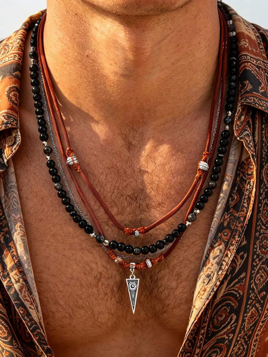 1pc Vintage Triangle Pendant Black Agate Beaded Leather Multi-Layer Necklace For Men, Western Cowboy Style, Layered Necklace - NC2806 - View 1