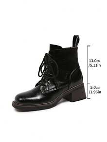 Solid Color Commuter Side Zipper Holiday Vintage Lace-Up Chunky Heel Ankle Boots Women Autumn/Winter New Style Back Zipper Round Toe Versatile British Fashion Boots - Black - View 1