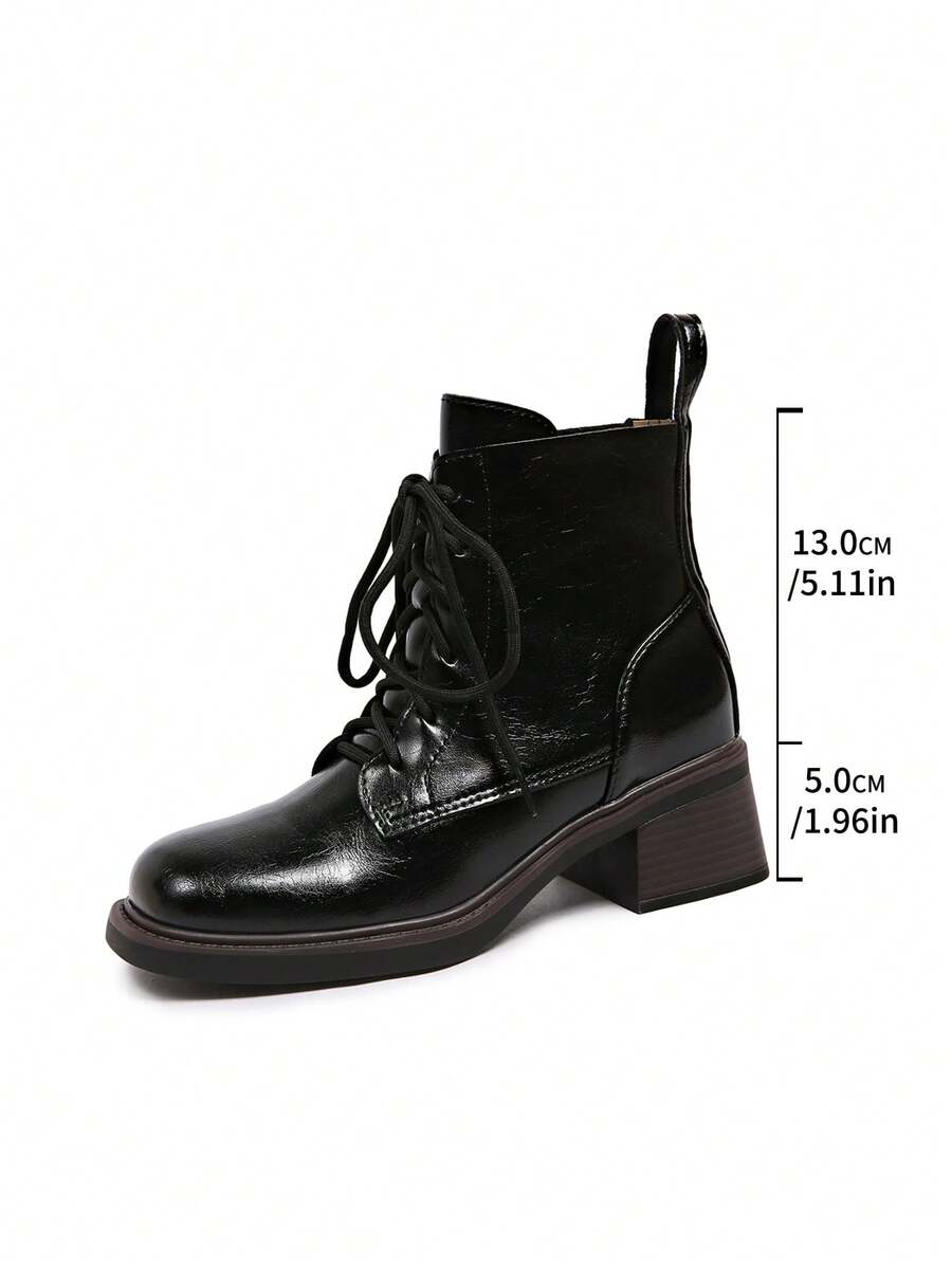 Solid Color Commuter Side Zipper Holiday Vintage Lace-Up Chunky Heel Ankle Boots Women Autumn/Winter New Style Back Zipper Round Toe Versatile British Fashion Boots - Black - View 1