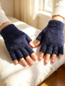 Women's Soft Faux Mink Fur Fingerless Gloves, Warm Thermal Lined Winter Half-Finger Gloves, Open Finger Design For Typing, Writing And Phone Operation, Non-Shedding Comfortable Knitted Hand Protection, Multiple Solid Colors, Suitable For Home, Office, Study And Daily Cold Weather Wear - Multiple Styles - View 8