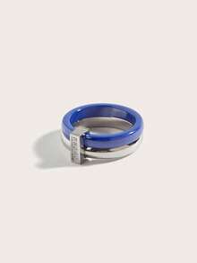 1pc Exquisite Stainless Steel Ceramic Cubic Zirconia Ring, Women's Jewelry, Wedding Party Date Gift - Blue Steel - View 4
