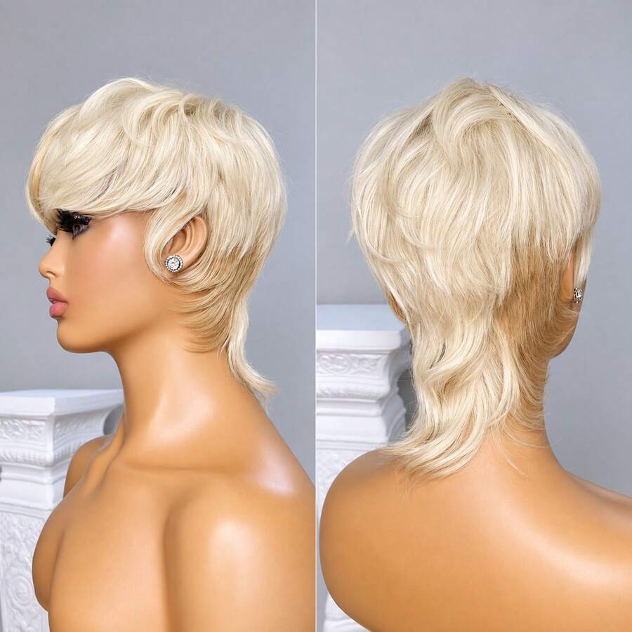 Women's Short Brazilian Remy Human Hair Wig, Mullet Style Pixie Cut, 27/613, 1B Black, 4/33 Color, Cute Short Mullet Wig With Bangs, Layered Design, Easy To Wear No Lace Front, Natural Curly Hair, Suitable For All Ethnicities