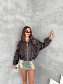 New Vintage Bomber Jacket, Solid Color Casual Zipper Pocket Jacket, Leather Jacket, Regular Fit, Women's Winter Jacket Black Fall - Brown - View 5