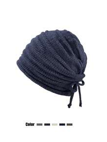 1pc Women's Autumn/Winter Drawstring Knit Beanie Hat, Slouchy Knit Cap, Unisex Loose Large Head Circumference Fashion Cold Weather Hat - Multicolor - View 6