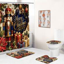 1pc/4pcs Blue & Gold Nutcracker Pattern Multifunctional Bathroom Decor Shower Curtain Set, Free 12 Hooks, Premium Holiday Atmosphere, Bathroom Mat, U-Shaped Rug And Round Toilet Lid Cover, Suitable For All Occasions, Bathroom Set - Blue and Gold Nutcracker - View 7