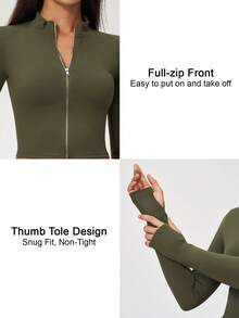 NcmRyu Women's 1pc Solid Color Stand Collar Zipper Thumbhole Cuff Short Jacket Coat, Autumn/Winter - Green - View 4