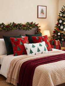 1pc/2pcs Christmas Tree Throw Pillow Covers, Winter Embroidered Christmas Tree Decorative Pillow Cases, Soft Plush Faux Fur Cushion Cover For Xmas Couch Sofa Home Decor - Red - View 5