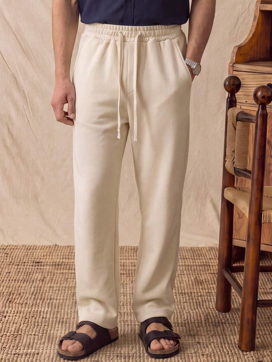 glestore Men's Retro-Style Drawstring Casual Long Sports Pants: Suitable For All Seasons, Autumn Style, With A Thin Fleece Lining - Apricot - View 1