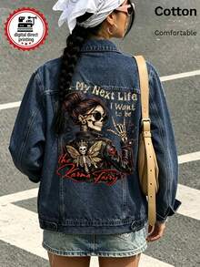 Women's Denim Jacket, Skull Graphic White Ink Direct-To-Garment Print, Vintage Washed Loose Fit Denim Jacket - Dark Denim Blue - View 5