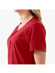 Conjunto 2 Piezas Uniforme Médico para Dama, Top Escote en V Manga Corta con Pantalón Cintura Elástica y Cordón, Ropa de Trabajo Stretch Transpirable para Enfermería, Clínica Dental - Rojo - Ver 7