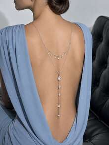 1pc Double Layer Rhinestone Back Drop Necklace, Long Y-Shaped Rhinestone Back Chain, Bridal Backless Evening Dress Accessory - Rhinestone - View 3