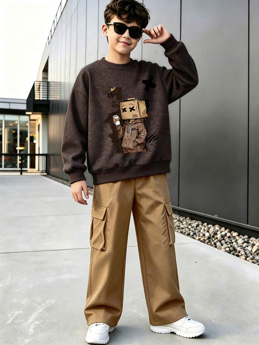 2pcs Set Big Boys Washed Style Crew Neck Sweatshirt And Cargo Pants Outfit, Cartoon Block Man Print Crew Neck Sweatshirt And Cargo Pants Matching Set, Suitable For Autumn/Winter Daily Wear - Multicolor - View 1