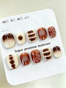 10pcs Pure Handmade Short Oval Press On Nails, Y2k Vintage Warm Style,Brown Smudge, Stripe Patterns & Tiny Pearl Decorations For Women And Girls, Spring Summer Fall Winter Festivals Party And Daily Life Use - Brown - View 2