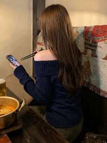 [Y6Y]女款秋季高端優雅露肩針織毛衣，長袖修身百搭套頭上衣 - 藏蓝色 - 查看 2