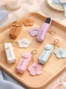 Personalized Birthday Flower Lipstick Keychain, Engraved Lip Balm Storage Box, Customized Mirror Leather Lipstick Case, Gift For Her - Multi-color - New Red Envelope - View 3