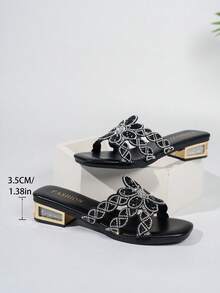 Luxury Sparkling Rhinestone Hollow Out Slide Sandals, Beach Vacation Low Chunky Heel Square Toe Outdoor Wear - Black - View 2