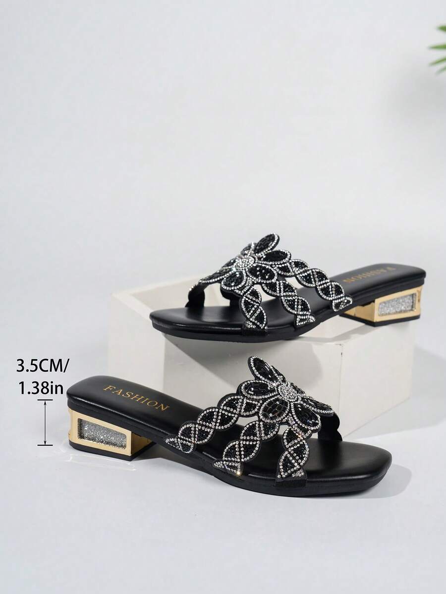 Luxury Sparkling Rhinestone Hollow Out Slide Sandals, Beach Vacation Low Chunky Heel Square Toe Outdoor Wear