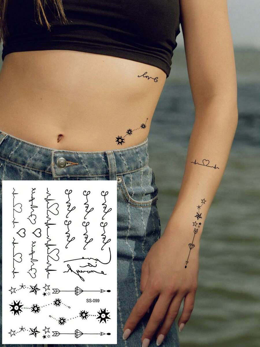 1pc Minimalist Heartbeat Heart Star Arrow Pattern Temporary Tattoo Sticker For Party Gift Holiday Gift Music Festival Arm Shoulder Neck Collarbone Waist Abdomen Waterproof Body Skin - Black - View 1