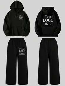 Customized Personalized Women's Autumn/Winter Hoodie & Wide Leg Sweatpants 2 Pieces Set, Add Your Own Photos (Family Photo/Selfie/Pet Photo/Text Image/Logo) To Design Your Personalized Outfit, Halloween, Christmas, Valentine's Day Customized Set, Unique Women's Sports Set - Black - View 2