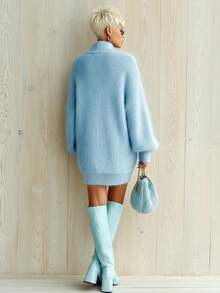 Women's High Neck Solid Color Lantern Sleeve Loose Knit Dress, French Elegant Style, Soft And Comfortable For Autumn/Winter, 2026 Fashion New Arrival - Baby Blue - View 3