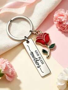 1pc/6pcs/15pcs/24pcs Long Strip Keychain, God Bless Mother Quote, Red Rose Oil Drop Pendant, Gratitude Gift For Mom - Silver - View 4