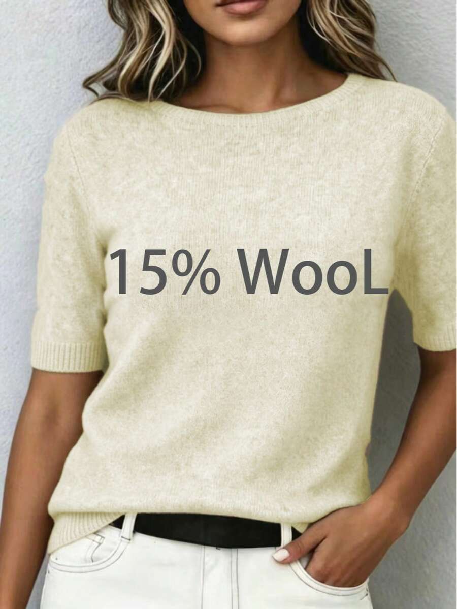 女款 15% 羊毛混紡針織短袖基本款圓領純色五分袖上衣，輕量極簡通勤內搭針織毛衣