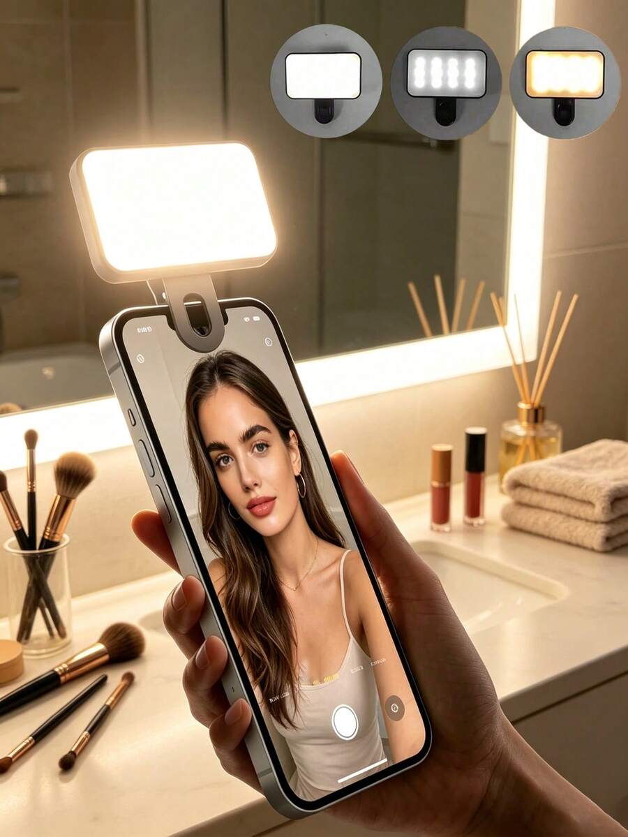 Black Portable Rechargeable LED Selfie Light, 3 Lighting Modes, USB And Battery Powered, Compatible With Phone, Camera, Video, Call, Clip-On Design, Adjustable Angle, Dual Front And Back Clips, Suitable For Selfie, Live Streaming, Photography, Portable Selfie/Phone Fill Light, Battery Powered Clip-On Phone Selfie Light