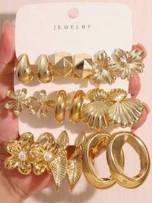 6-18PCS Gold Vintage Casual Commute Full Earring Set, With Flower, Shell, Water Drop, Geometric C-Hoop Designs, Suitable For Daily Commute, Travel, Dating, Casual, Outing Multiple Occasions - Gold - View 1