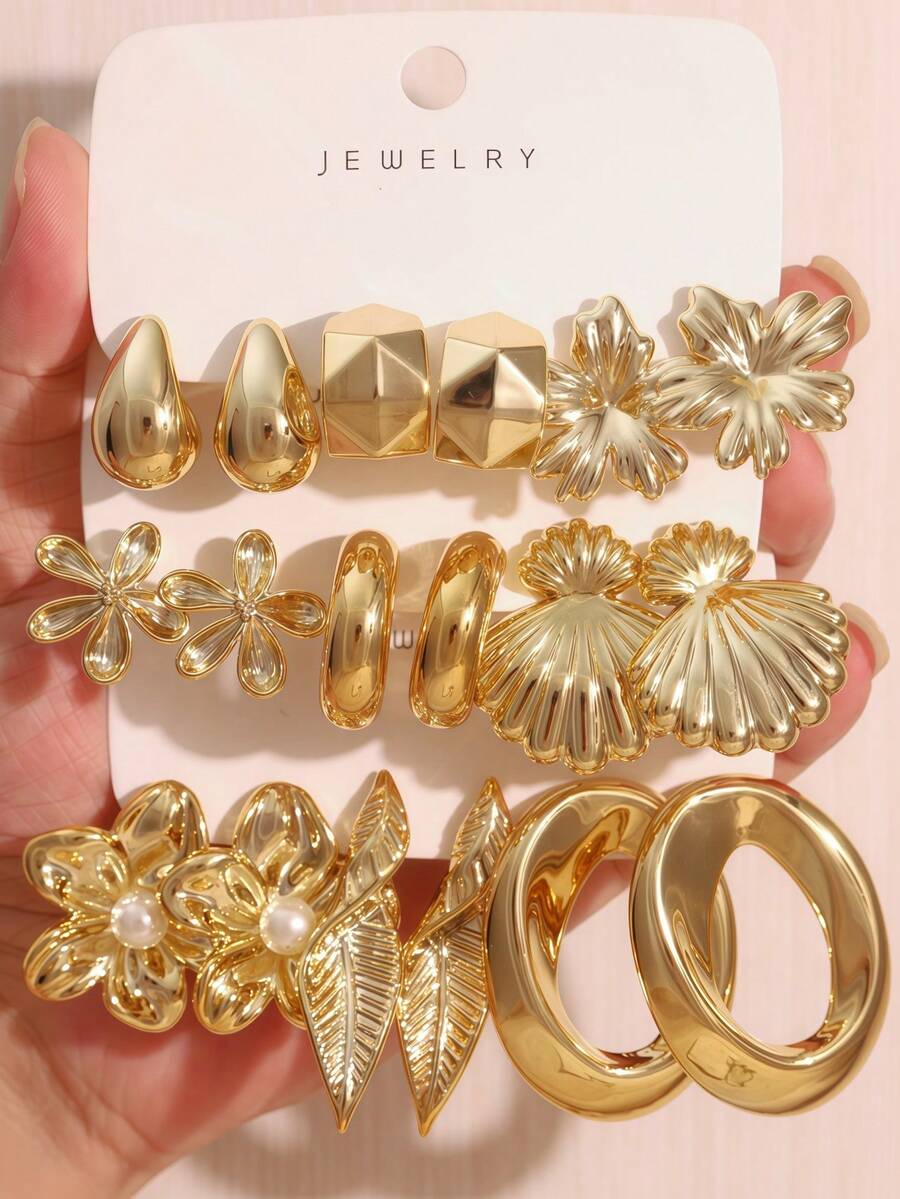 6-18PCS Gold Vintage Casual Commute Full Earring Set, With Flower, Shell, Water Drop, Geometric C-Hoop Designs, Suitable For Daily Commute, Travel, Dating, Casual, Outing Multiple Occasions - Gold - View 1