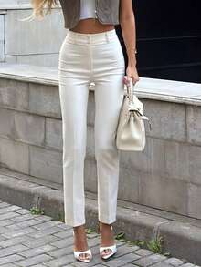 Beige Minimalist Versatile Commuter Slimming Long Pants For Office And Daily Wear - Apricot - View 2