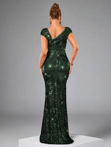 CHOSMO Women's Asymmetric Neckline Glamorous Elegant Party Sequin Mermaid Evening Gown - Dark Green - View 4