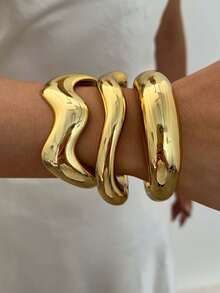 3/1pc Vintage Elegant Fashion Old Money Style Geometric Wave CCB Bracelet Set, Casual Versatile Suitable For Women's Daily Wear - Yellow Gold - View 2