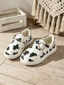 1 Pair Girls' Printed Hook & Loop Round Toe Flat Shoes, Comfortable Soft Casual Sports Shoes - Black and White - View 4