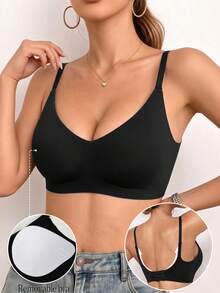 4pcs Women's Wireless Seamless Push-Up Bra, Removable Padding, No-Trace Bra, Black Adjustable Basic Style, Halloween Lingerie - Black - View 4