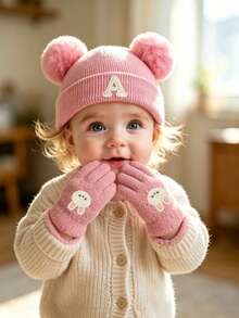 3pcs Baby Letter Pom Pom Knitted Hat And Gloves Set, Baby Girl Winter Warm & Cold-Proof Set, Suitable For Autumn/Winter Outdoor Fashion Matching, Perfect As A Gift - Pink - View 3