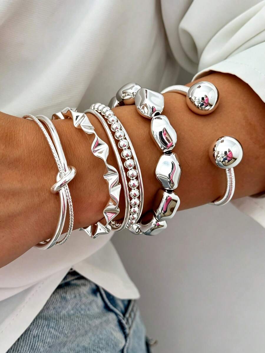 6pcs Punk Fashion Minimalist Geometric Wave Open Cuff Bracelet Bangle Set, Suitable For Women's Daily Wear, Party, Date, Vacation, Layering, Holiday Gift, Elegant And Stylish - Silver - View 1