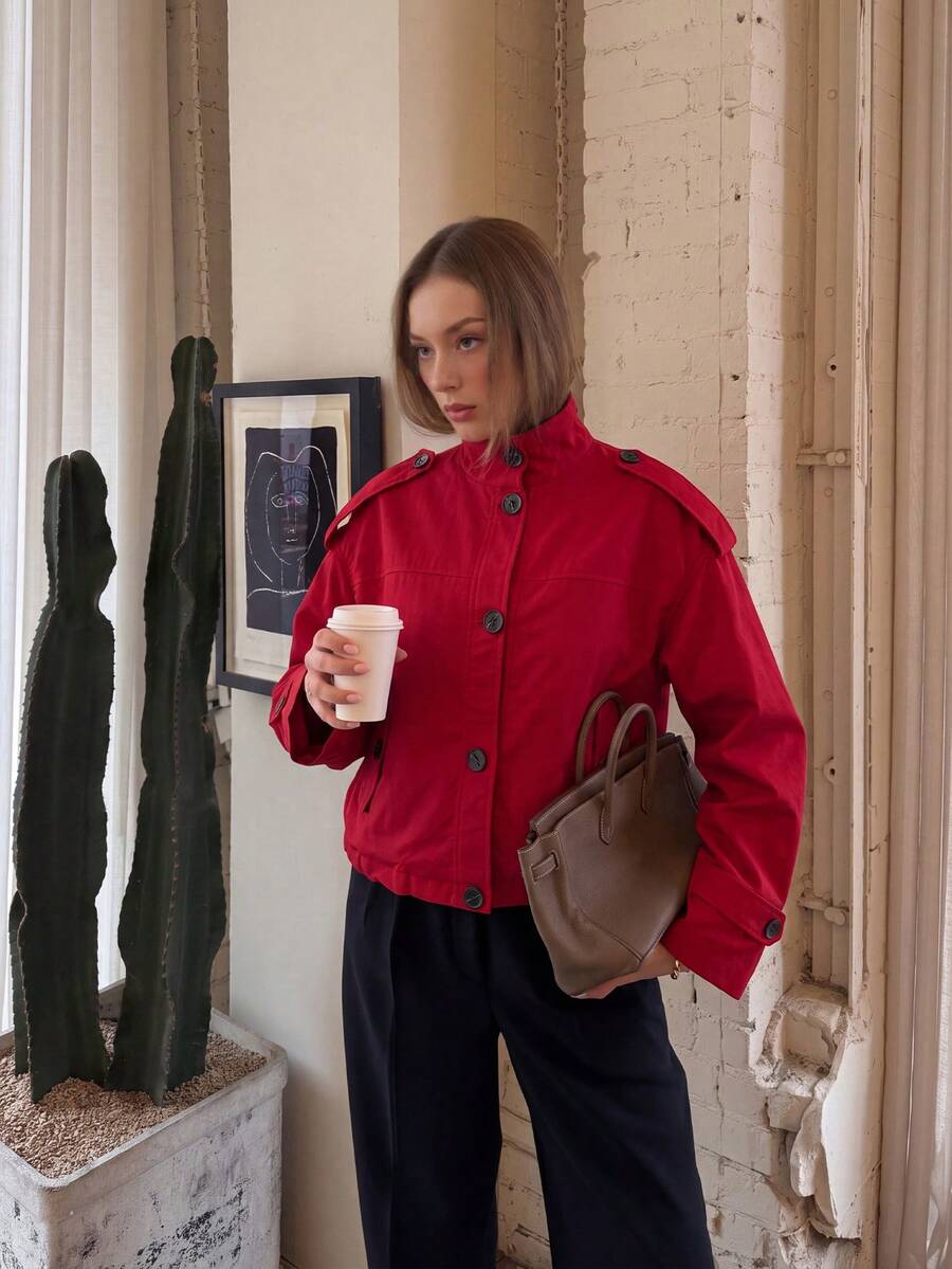 ACKCER Women's Autumn/Winter Stand Collar Shoulder Epaulettes Side Pocket Button Front Short Loose Utility Jacket - Red - View 1