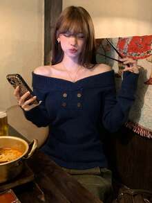 [Y6Y]女款秋季高端優雅露肩針織毛衣，長袖修身百搭套頭上衣 - 藏蓝色 - 查看 8
