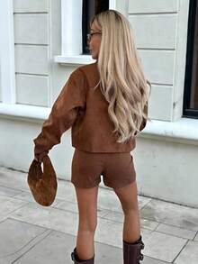 Women's Fashion Autumn/Winter Suede Button Front Open Jacket And Skirt Set, Vintage Style 2-Piece Outfit, Brown Lapel Design, Aviator Jacket - Brown - View 4