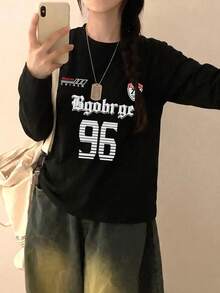 Women's Fashion Autumn/Winter Loose Minimalist Versatile Letter Print Long Sleeve T-Shirt - Black - View 3