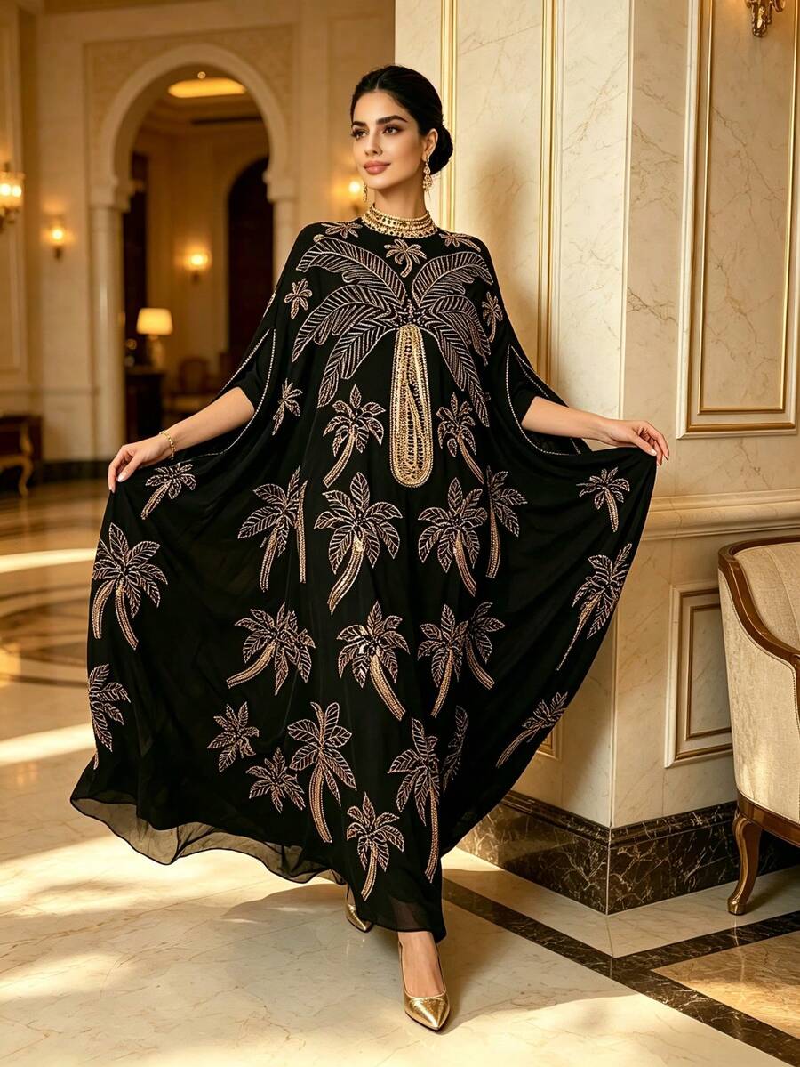 Luxury Sequin Palm Tree Embroidered High Neck Batwing Sleeve Kaftan Women's Long Robe Middle Eastern Style Banquet Dress - Black Gold - View 1