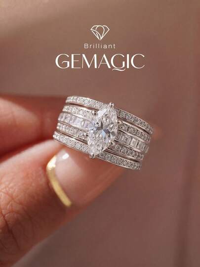 3pcs & Luxury Full Diamond Marquise Ring Set, Elegant Women's Dating Party Ring, Sophisticated Jewelry Gift For Anniversary