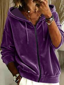 Women's Plus Size Autumn Fashion Velvet Full Zip Hooded Sweatshirt, Lightweight Long Sleeve Drawstring Hooded Jacket, Autumn Outfit - Purple - View 1