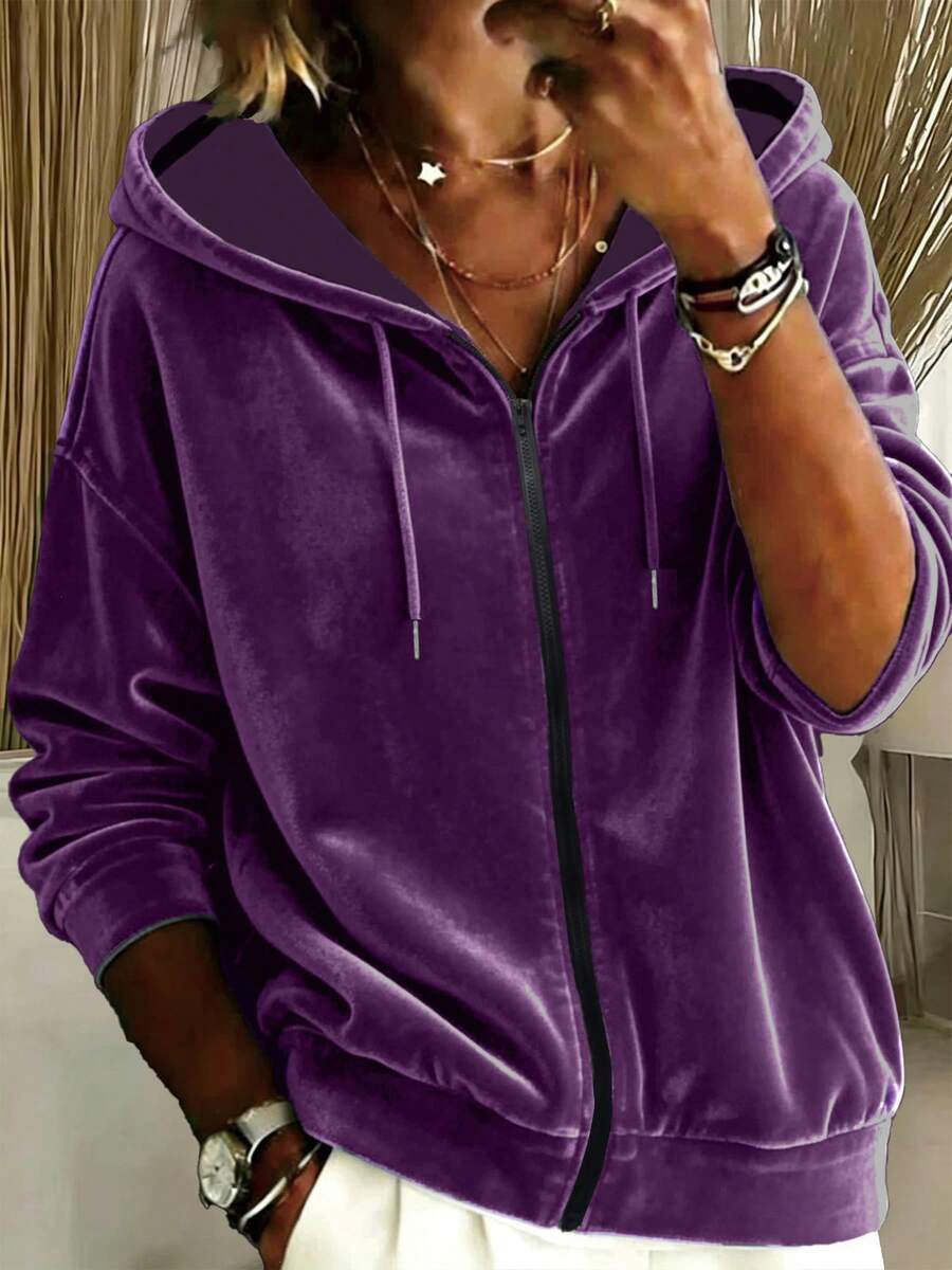 Women's Plus Size Autumn Fashion Velvet Full Zip Hooded Sweatshirt, Lightweight Long Sleeve Drawstring Hooded Jacket, Autumn Outfit - Purple - View 1