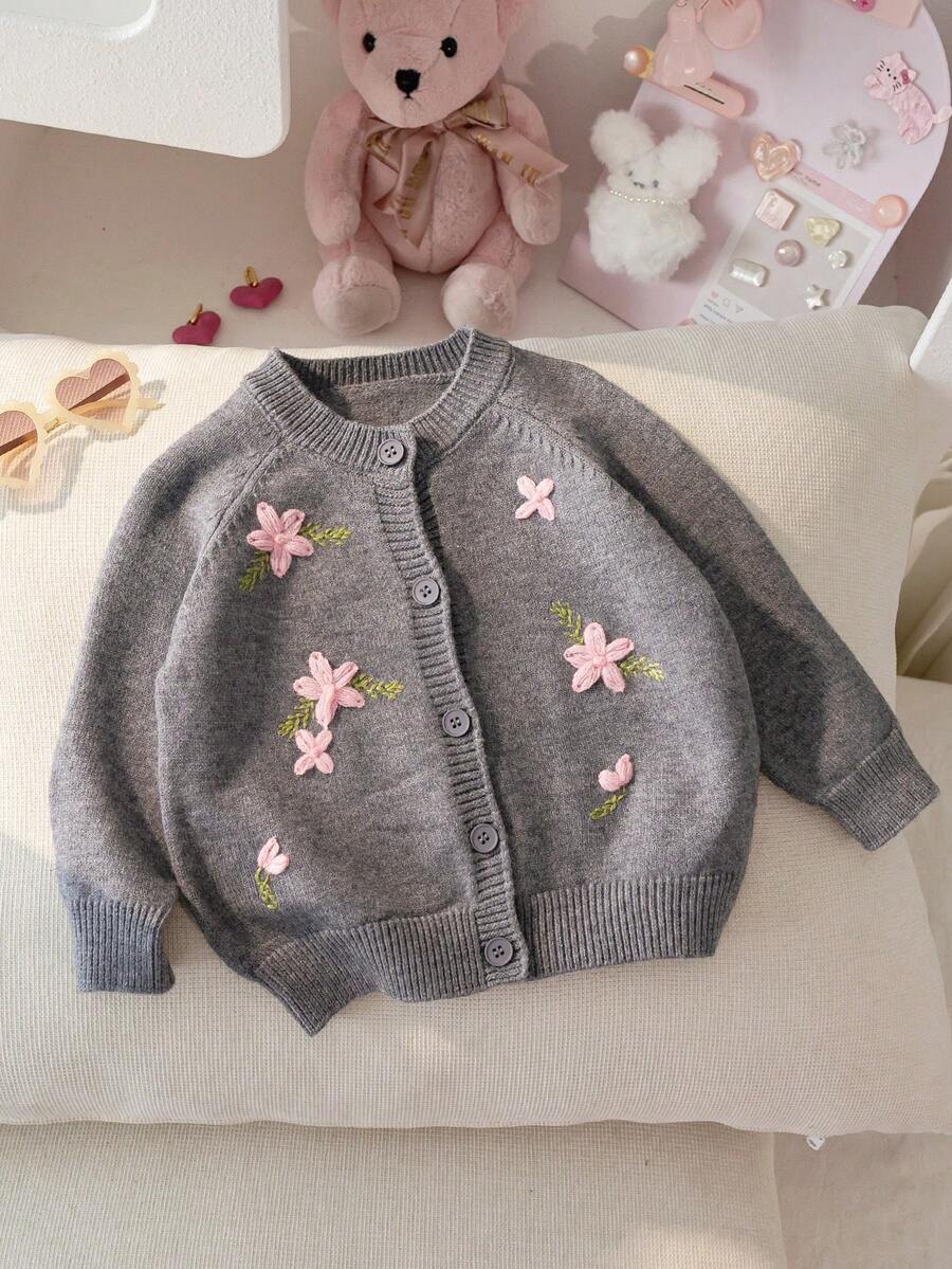 Girls Elegant Solid Color Embroidered Round Neck Sweater Cardigan With Raglan Sleeves, Suitable For Daily Casual Wear, Vacation, Spring, Autumn, Winter - Grey - View 1
