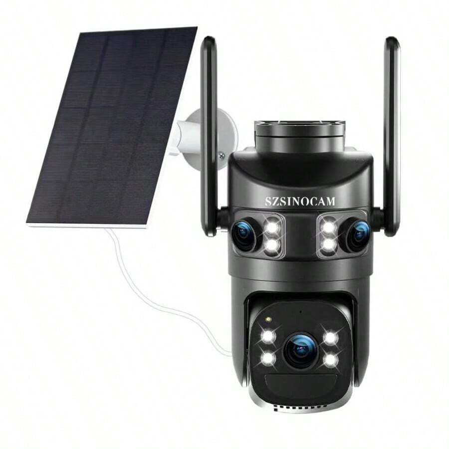 szsinocam 1pc-1440P 3-Lens 3-Screen Solar PTZ Security Camera, 2.4G WiFi Outdoor 360° Panoramic, 8000mAh Battery, Solar & USB Charge, PIR Human Detection, Full Color Night Vision, Two-Way Audio, IP66 Weather Resistance For Farm Yard Home Surveillance