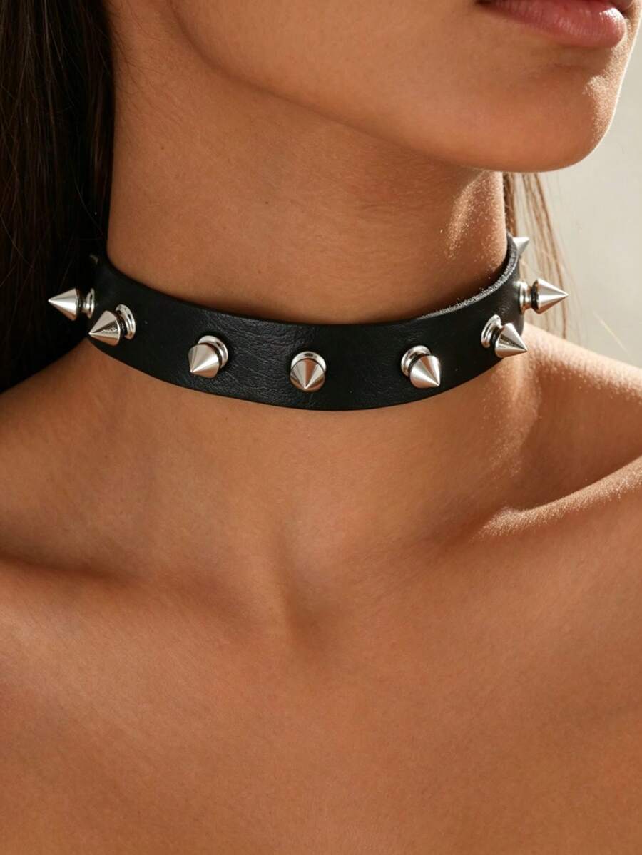 1pc Punk Style Spiked Decor PU Leather Choker Necklace, Y2K Rock Gothic Rivet Collar Chain, Suitable For Women's Daily Wear And Halloween Outfit - Black - View 1