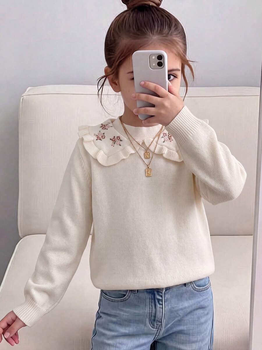 Young Girl Elegant Embroidered Collar Long Sleeve Knit Sweater